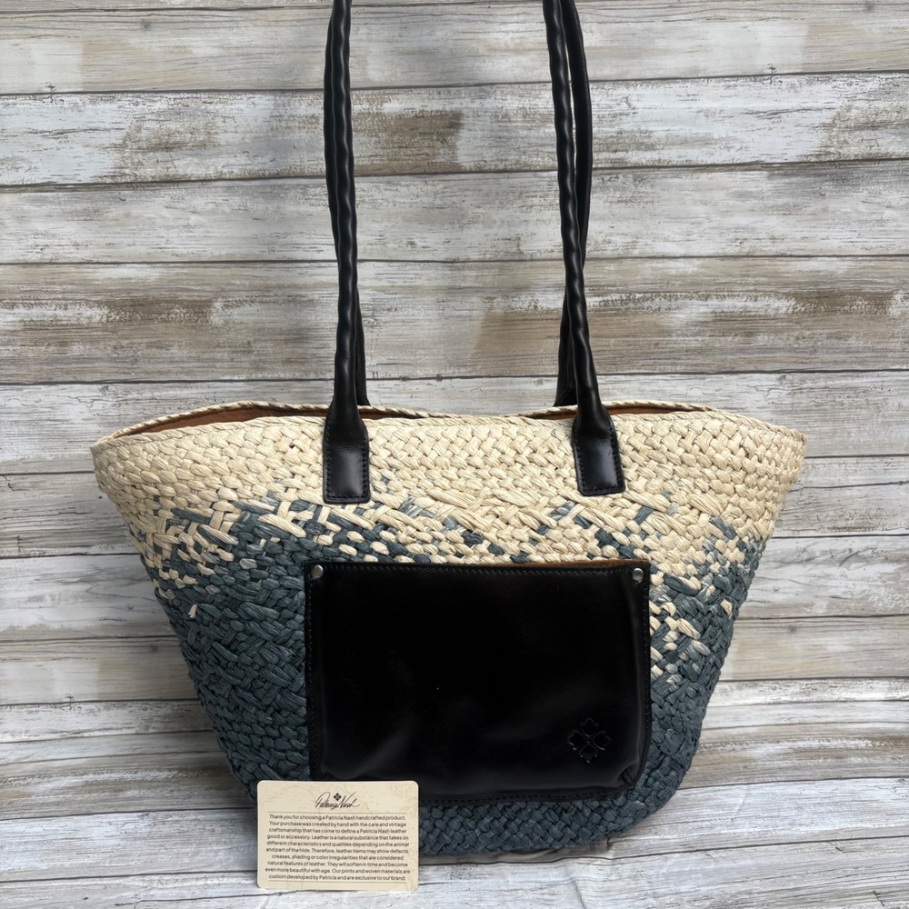 Patricia Nash Tote Bag Large Calypso Woven Straw Navy Natural Straw Leather